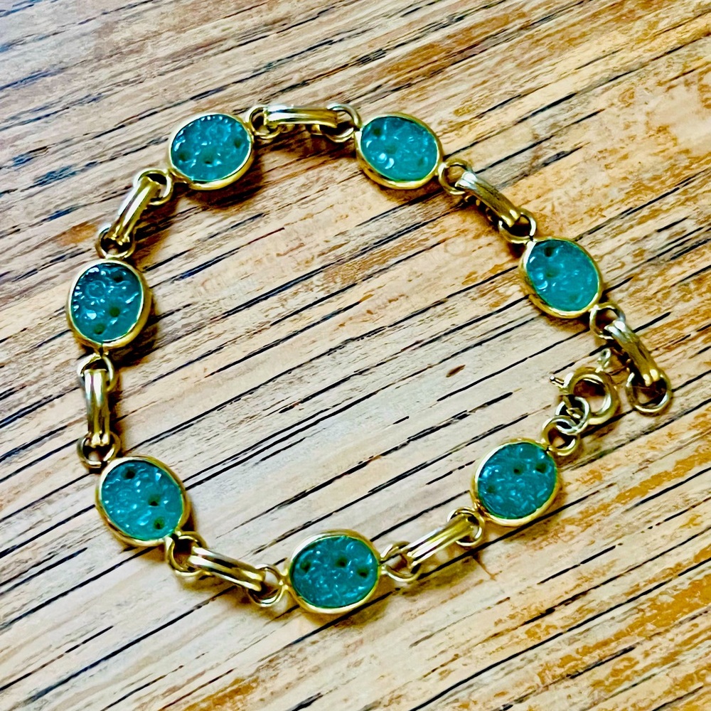 Vintage Longcraft Asia Inspired Jade Stone Gold Filled Link Bracelet